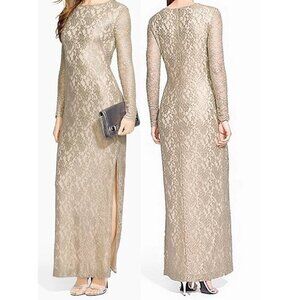 Lauren Ralph Lauren Metallic Lace Long-sleeve Gown Formal Dress Gold Sz 6